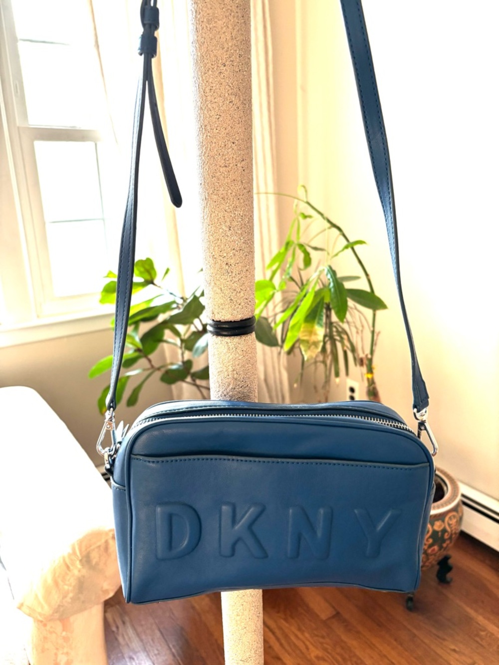 DKNY Blue Zip-Top Faux Leather Crossbody Handbag